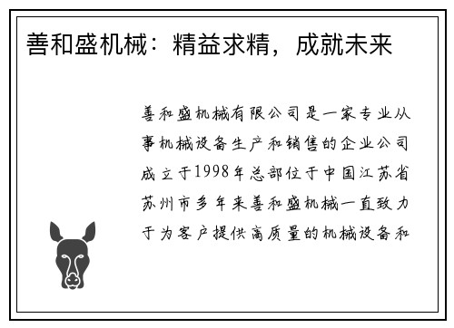 善和盛机械：精益求精，成就未来